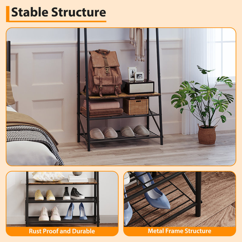 Coat Rack, Hall Tree with Bench and Shoe Storage, Entryway Bench with Coat Rack, 5 Hooks and 3 Tier Shoe Storage, Metal Frame for Entryway, Hallway, Front Door, Rustic Brown