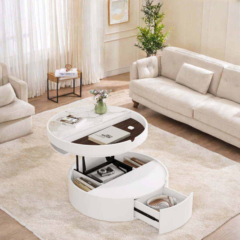 Table basse ronde avec 1 tiroir, rangement caché et rangement de table