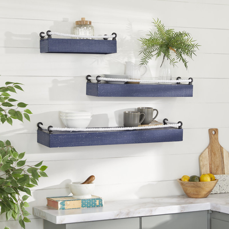 3 tablettes murales en bois bleu avec corde nouée - 3 pièces