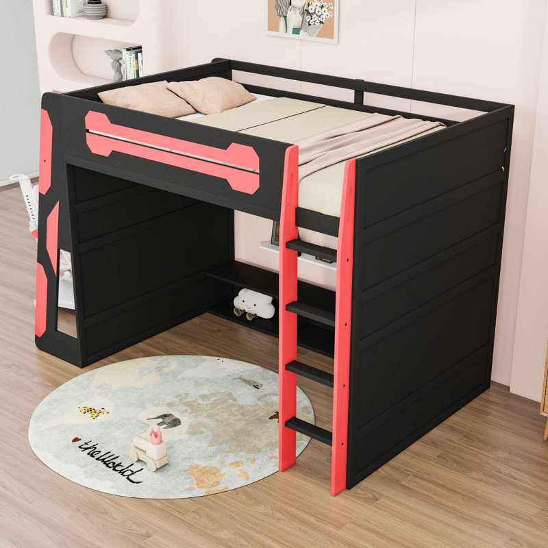 Lit mezzanine double en bois avec bureau intégré, tablettes, échelle et lumière, Rouge