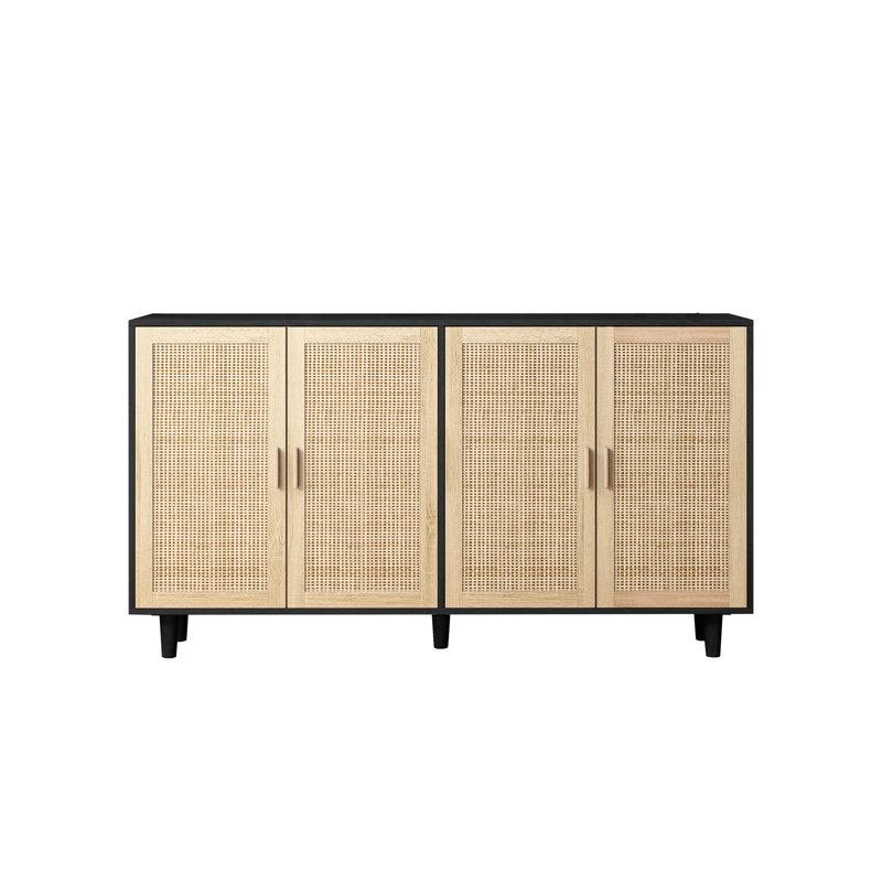 62.20"Elegant And Functional 4-Door Rattan Decorative Storage Cabinet,For Bedroom,Living Room,Office,Easy Assembly,Black