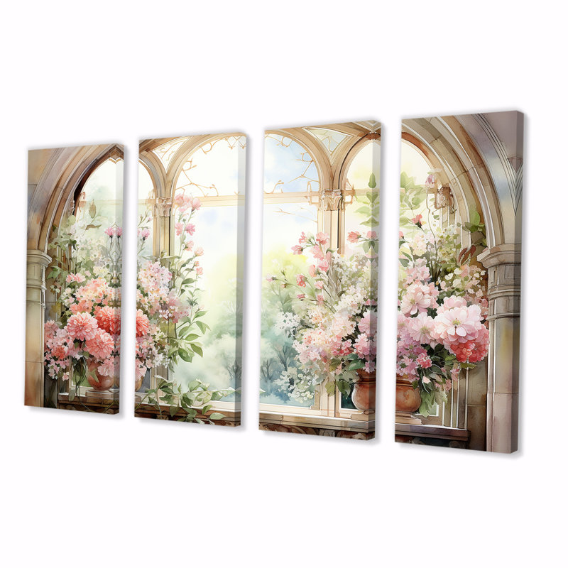 «Pink Blossoming Country Window Gaze V», ensemble d'art mural 4 pièces, H 28 po x l 48 po