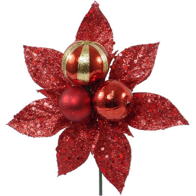 24-Inch DIY Christmas Wreath Kit with Red 24-Inch Glitter Poinsettia Picks with Ornament Balls