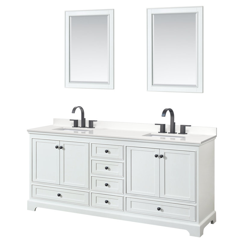 Ensemble de meuble-lavabo double autoportant Deborah avec plateau en quartz et miroir, Quartz blanc, Espresso foncé