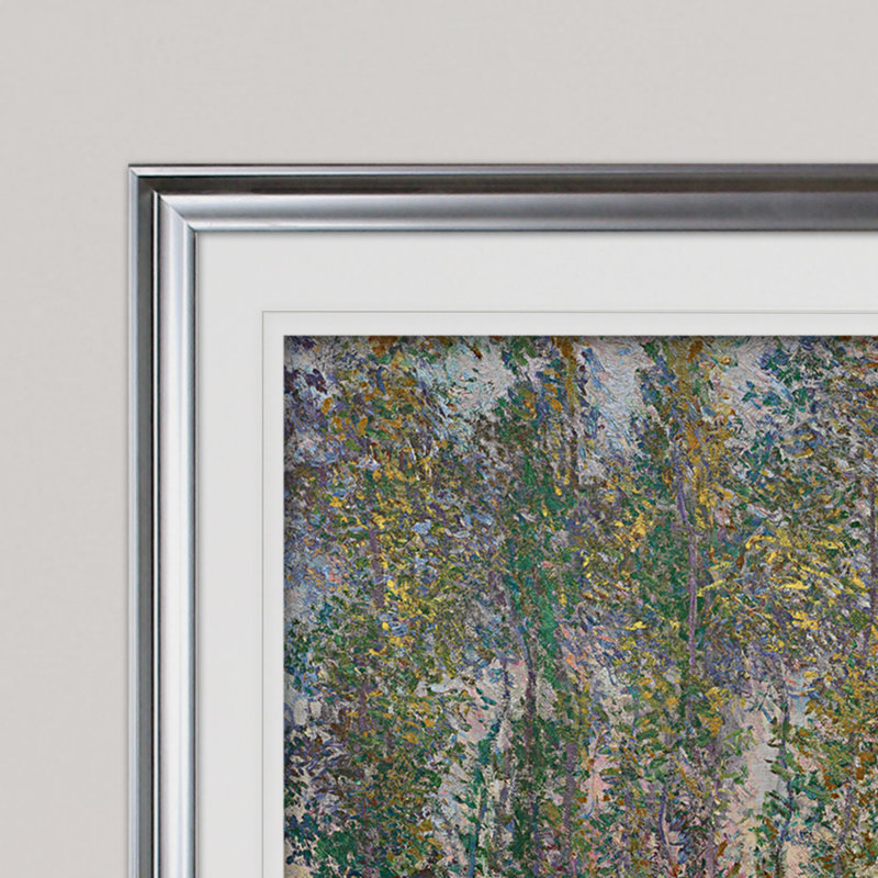 «Poplars at Giverny», reproduction de peinture à l'huile, Cadre argenté, H 30 po x l 42 po x P 2 po, Pas de tapis