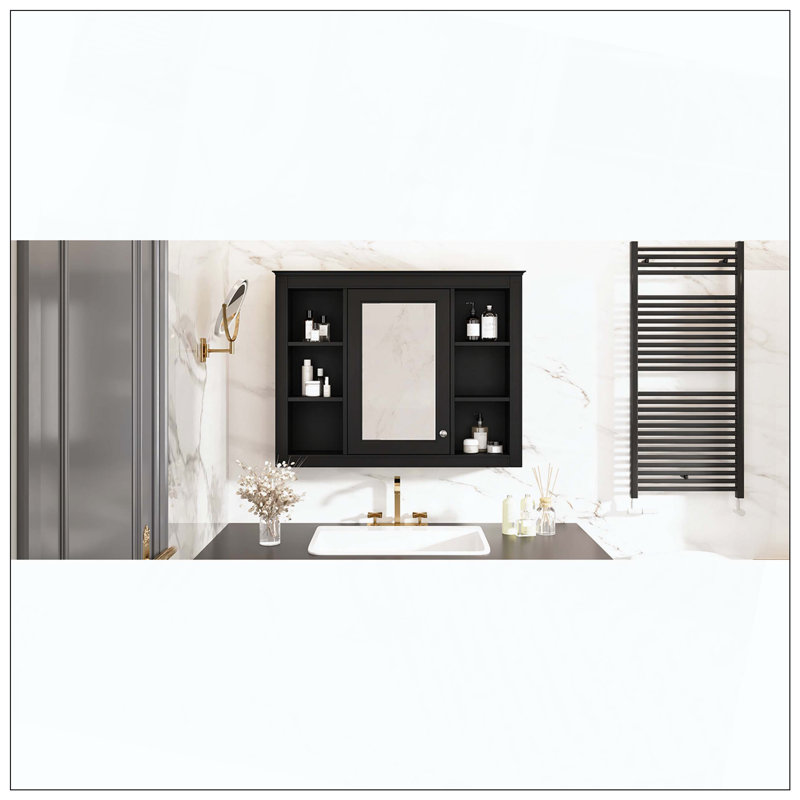 35" x 27.5" Wall Bathroom Cabinet with Mirror,Cabinet,6 Open Shelves, Black