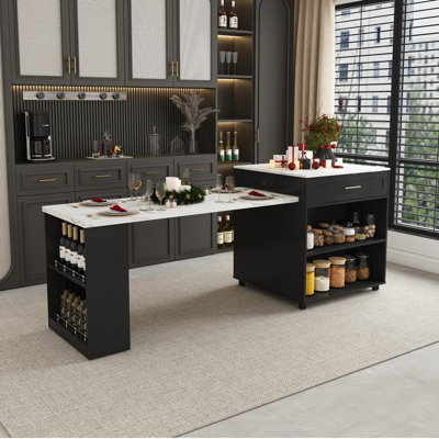 80" Rolling Kitchen Island With Storage Extendable Table, Mobile Kitchen Islands With Charging Station For 2-6, 3 In 1 Kitchen Prep Table On Wheels Fo by Latitude Run