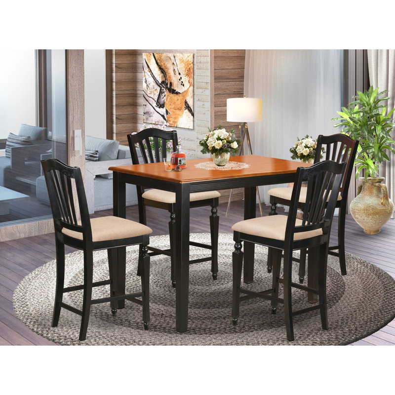 Ensemble de table de salle à manger à hauteur de comptoir 5 pièces comprenant une table de salle à manger rectangulaire et 4 chaises en tissu de lin, noir et cerise