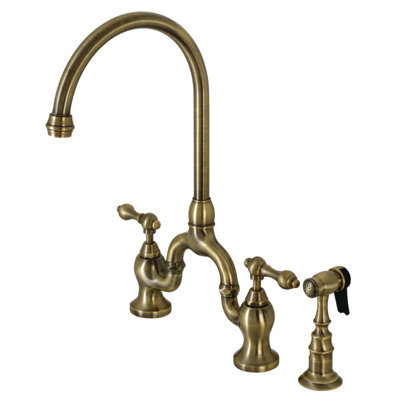 Kingston Brass English Country Two-Handle 3-Hole Deck Mount Bridge Kitchen Faucet with Brass Side Sprayer