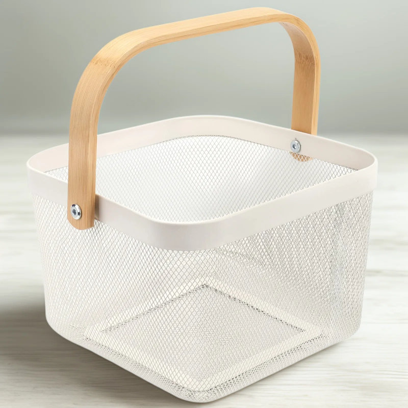 Panier de rangement en filet de style campagnard avec poignée en bois