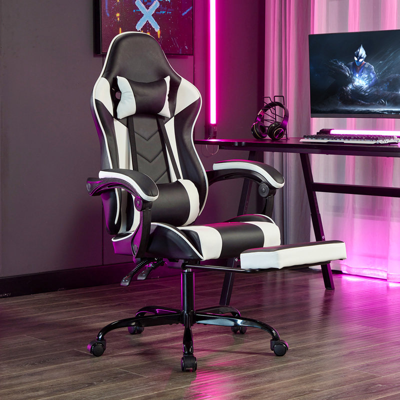 Fauteuil de jeu noir et blanc, avec repose-pieds, fauteuil d'ordinateur ergonomique, avec appui-tête et support lombaire, fauteuil de jeu vidéo à hauteur réglable pour adultes