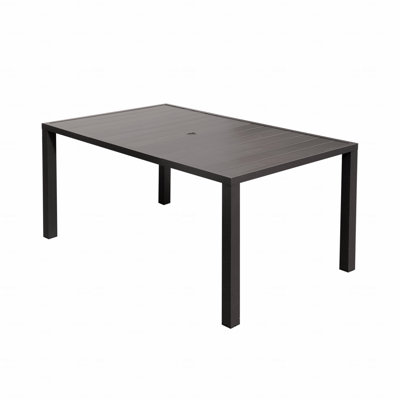 6-Person Outdoor Rectangular Slatted Metal Patio Dining Table, With Umbrella Hole For Deck Garden Lawn Backyard Use