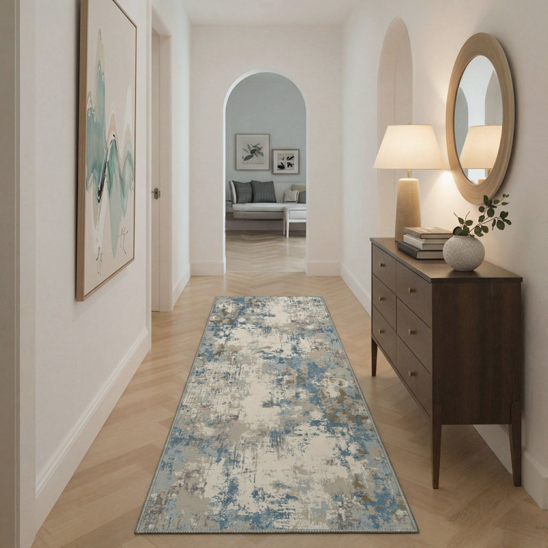Abstract Strokes Machine Washable Azure Blue Indoor Area Rug With Non-Slip Backing, Runner 2' x 6'