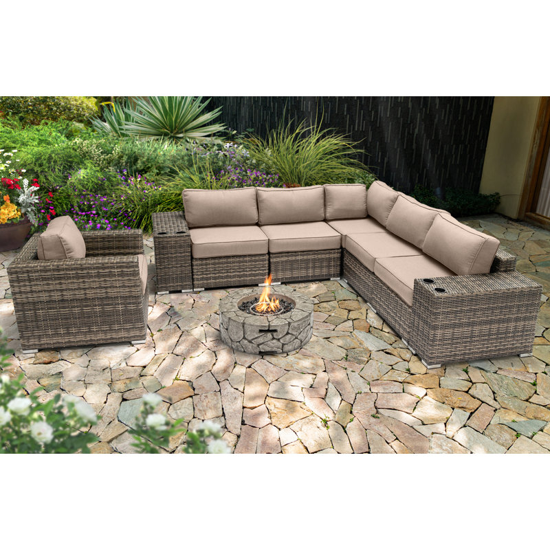 Ensemble de conversation pour 5 personnes avec foyer et coussins Sunbrella Lsi, Beige Sunbrella