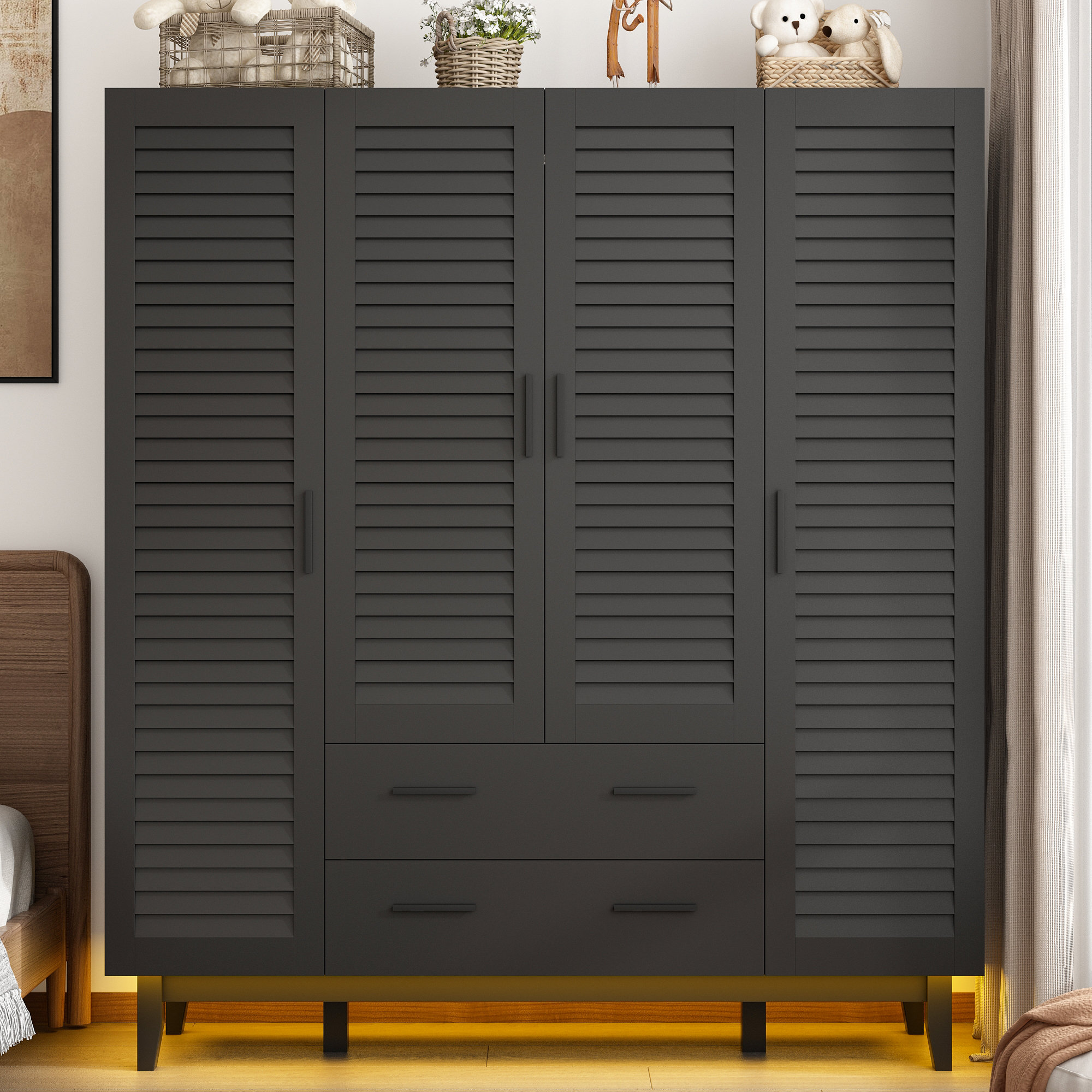 Ivy Bronx 4 Door 71" Armoire Wardrobe With LED Lights, Hanging Rod, Drawers, And Shelves & Reviews | Wayfair