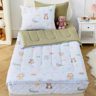 Twin Size 4Pcs Kids Comforter Sets with Zipper Bedding, Lightweight Cartoon Bed-in-a-Bag
