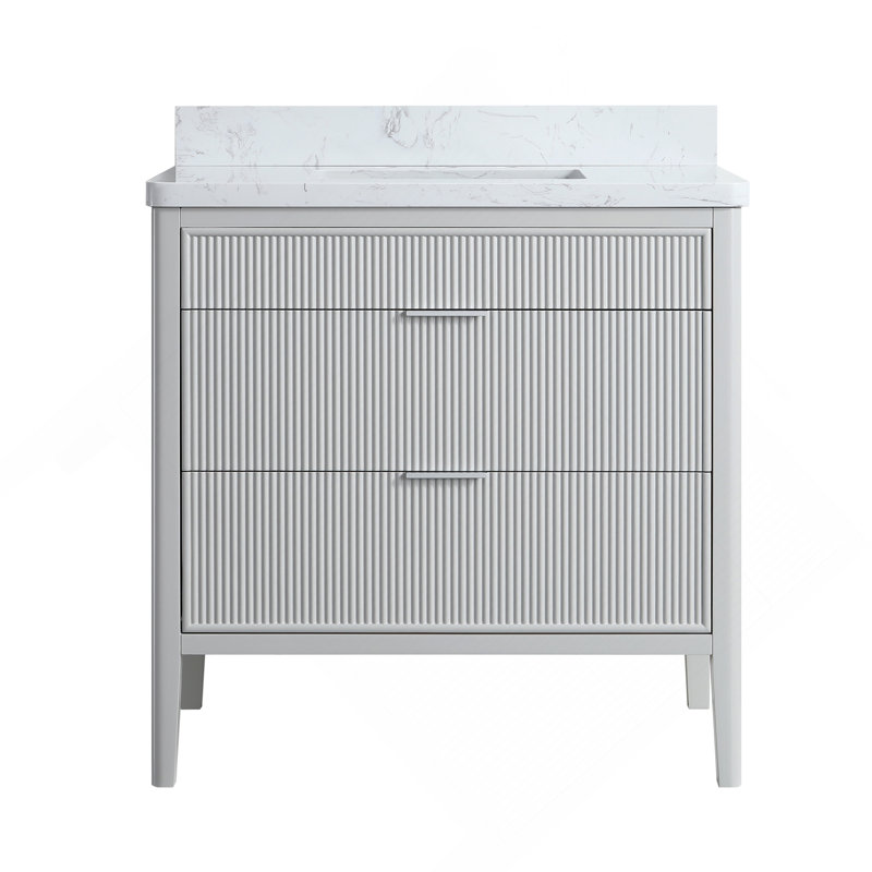 Fully Assembled 36" Grey Freestanding Single Sink Bathroom Vanity With 2 Handle Sets And Engineered Marble Top, Grey, 36"