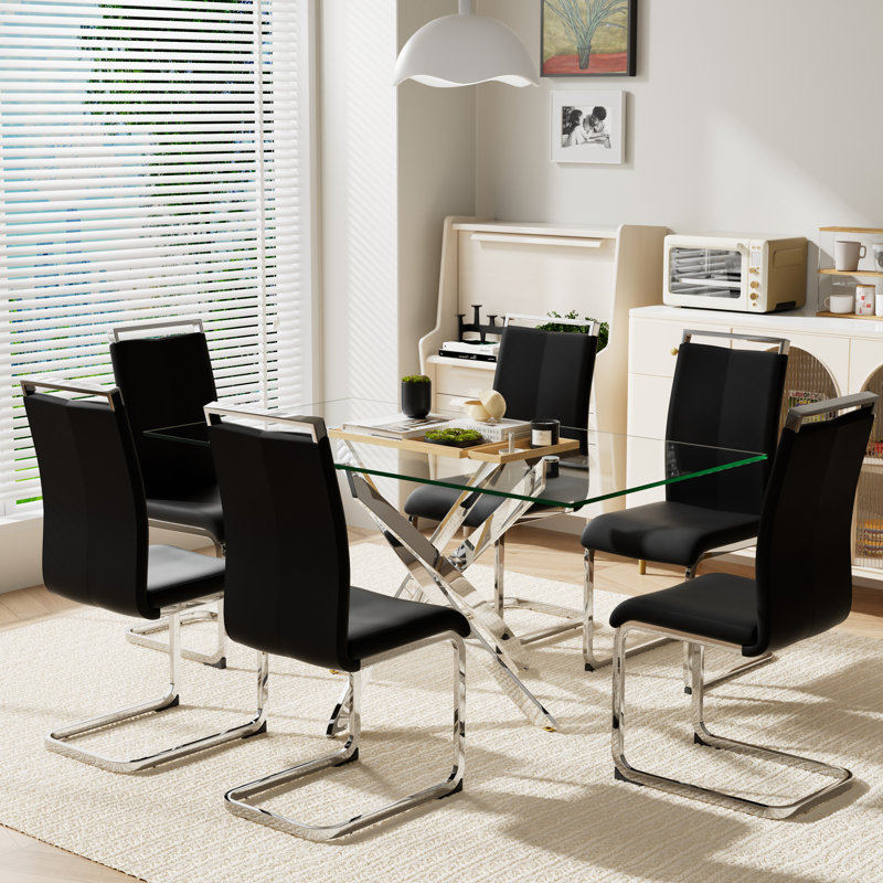 7 PCS,63" Rectangular Tempered Glass Table with 6 PU Leathe Upholstered Chairs, Silver, Black/Silver