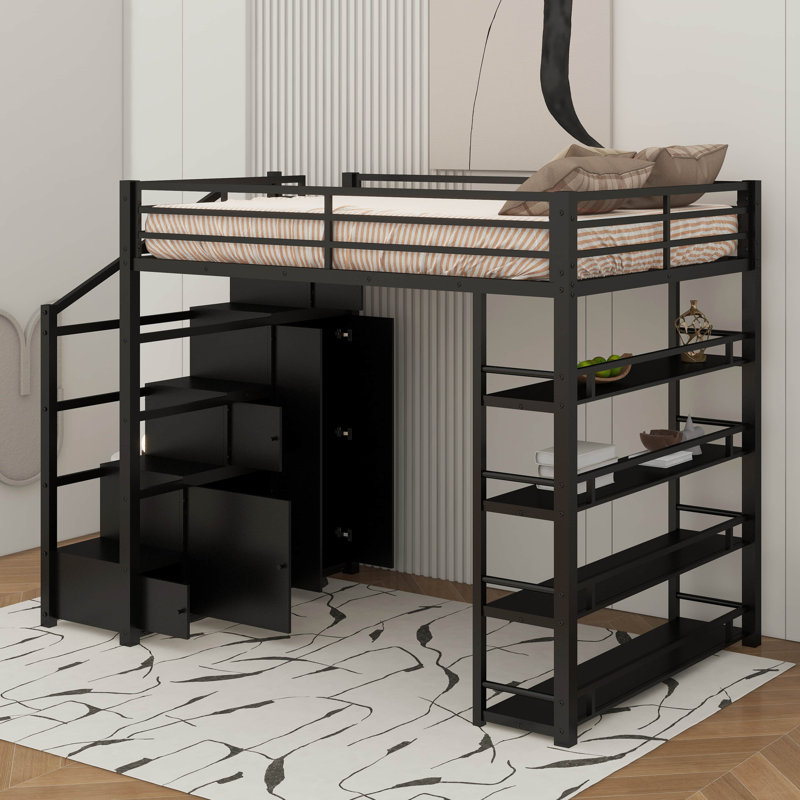 Full Size Metal Loft Bed With Shelves And Wardrobe