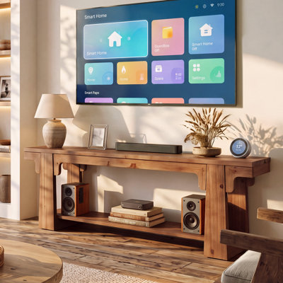 Meuble télé 63 po en bois de sapin massif rustique, console multimédia à 2 niveaux avec pieds renforcés en forme de A, convient aux téléviseurs de 55 à 75 po et comprend un centre de divertissement de style maison de campagne pour le vestibule du salon