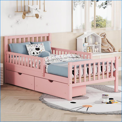 Twin Size Pine Wood Platform Bed with Guardrails & 2 Storage Drawers, Pink