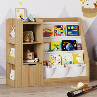 39" Wide Horizontal Bookcase, Wooden Display Shelf With Storage, 3-Tier Bookshelf With Drawer And Side Storage, Toy Organizer For Living Room, Playroom, Bedroom