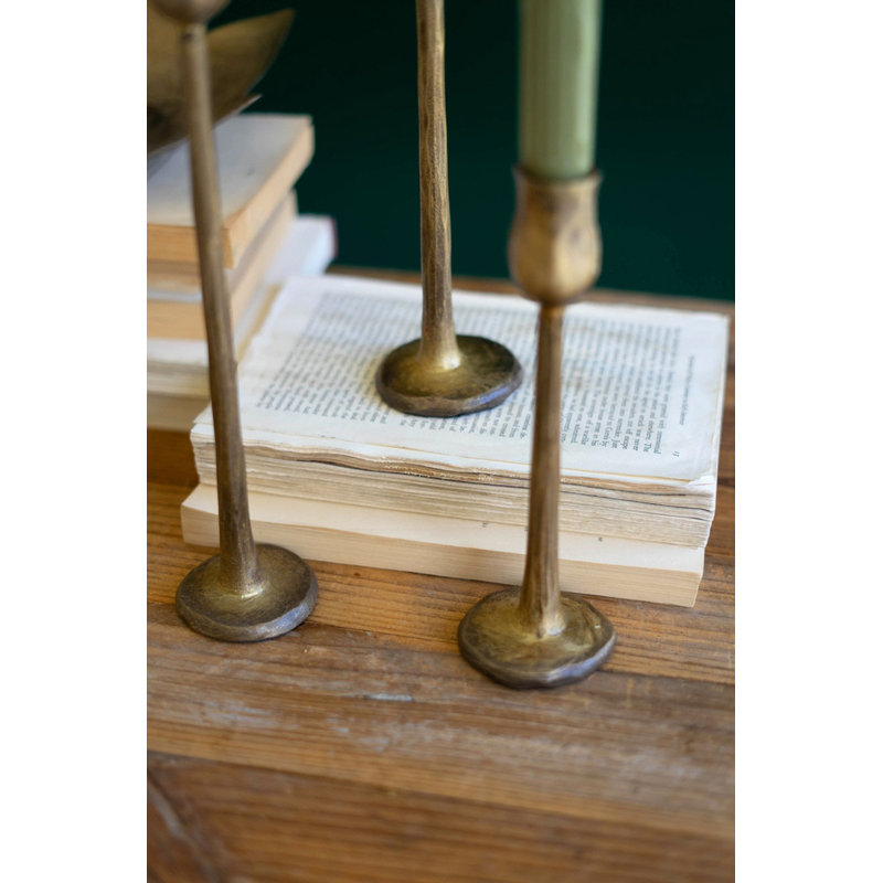  Antique Brass Finish Metal Taper Candle Holders – 2x Set of 3