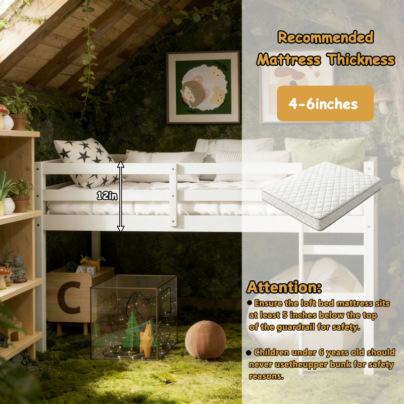 Lit mezzanine bas simple en bois massif avec échelle, Blanc