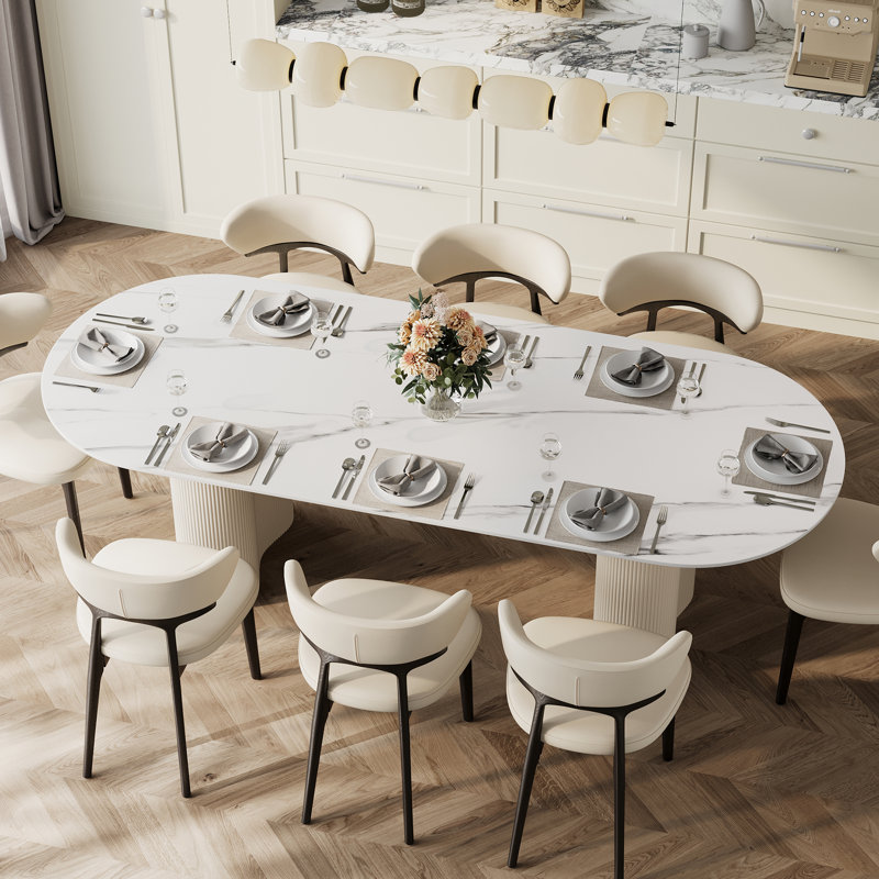 78" Luxury Faux Marble 6- 8 People Oval Dining Table, Double Roman Column White Legs Modern Minimalist Kitchen Table for Living Room Dining Room