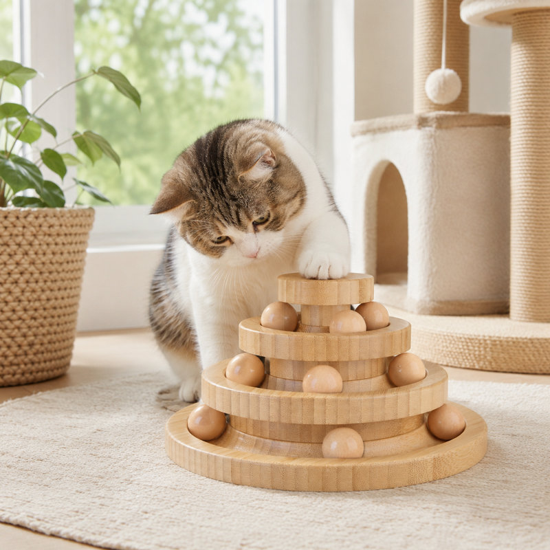 Plateau tournant pour chat en bois massif, jeu de balle interactif à 2 et 3 niveaux, jouet durable pour chat en bois résistant aux morsures