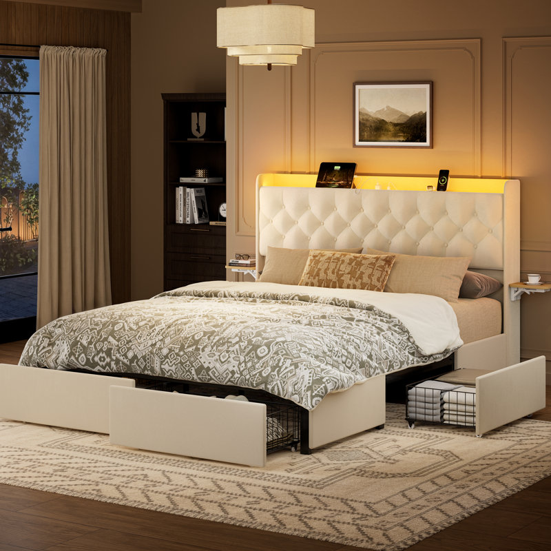 Coba Upholstered Platform Bed with Storage Drawers and Charging Station, Beige, Queen