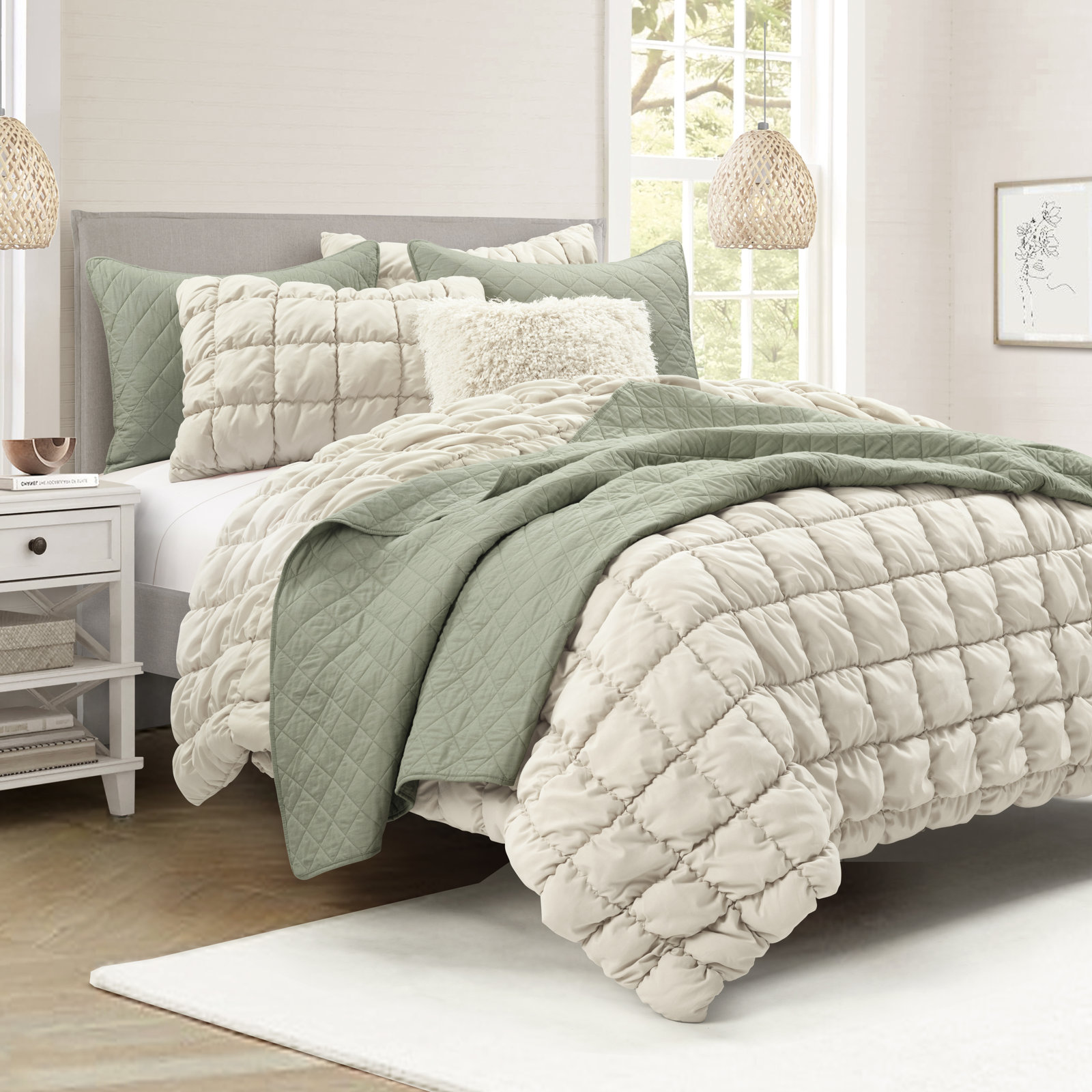 Puff Comforter Set, Queen Comforter + 2 Standard Shams, Beige