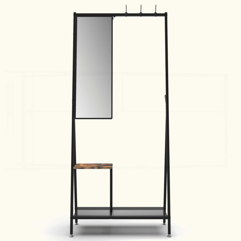 Industrial Style Hall Tree with Mirror, Multifunctional Wall-Mounted Coat Rack with Shoe Storage & Aluminum Frame for Entryway, Living Room, Bedroom