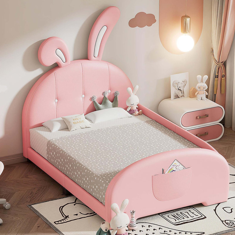 Lit princesse rembourré en forme de lapin, lit plateforme, Lit simple, Blanc / rose