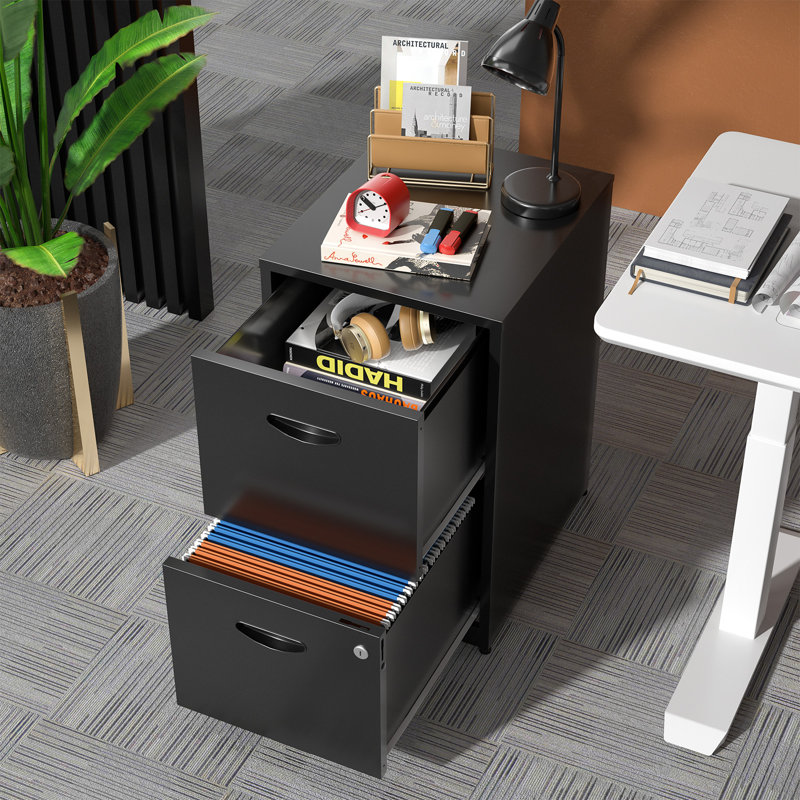 2 Drawer File Cabinet with Lock, Black Filing Cabinets for Home Office, Metal Locking File Cabinet with Two Drawers, Light Duty File Storage Cabinet for Letter Size