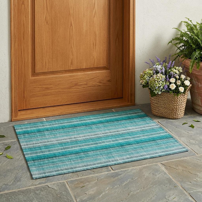 2' X 3' Teal and Grey Striped Washable Non Skid Indoor Outdoor Area Rug