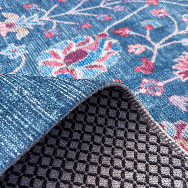 Chenille de coton bleue à motif floral antidérapant kilim, Rectangle 2 pi 8 po x 5 pi
