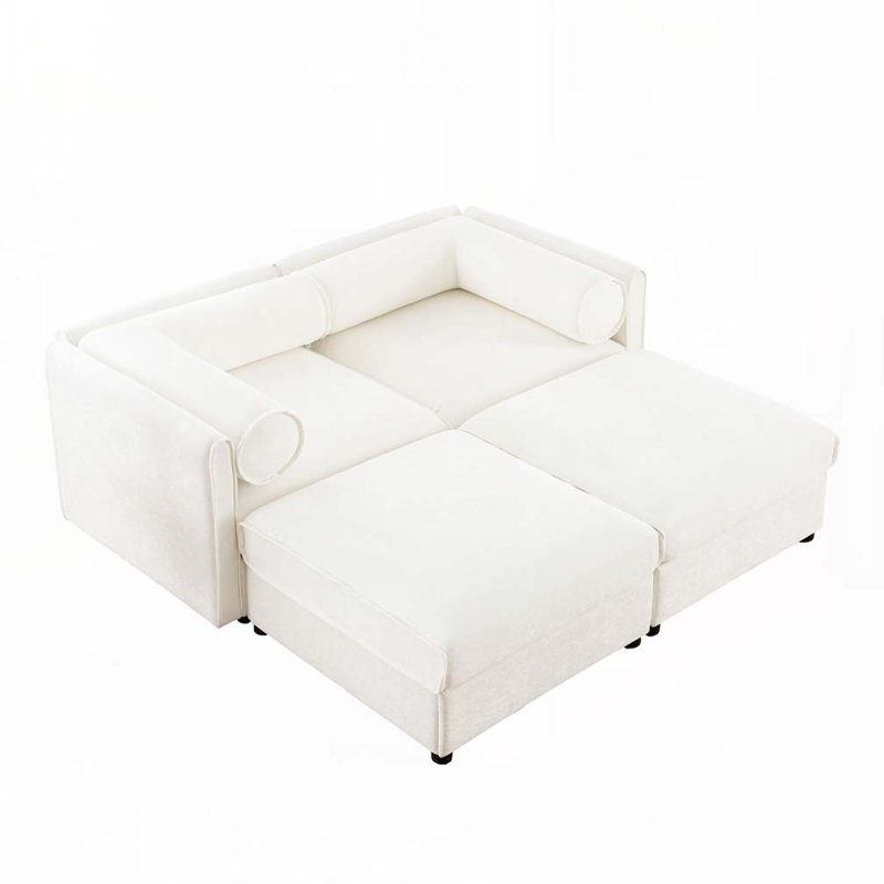 Canapé en chenille 2 places avec 2 repose-pieds, H 27,9 po x l 75,5 po x P 37,4 po, 2, Blanc
