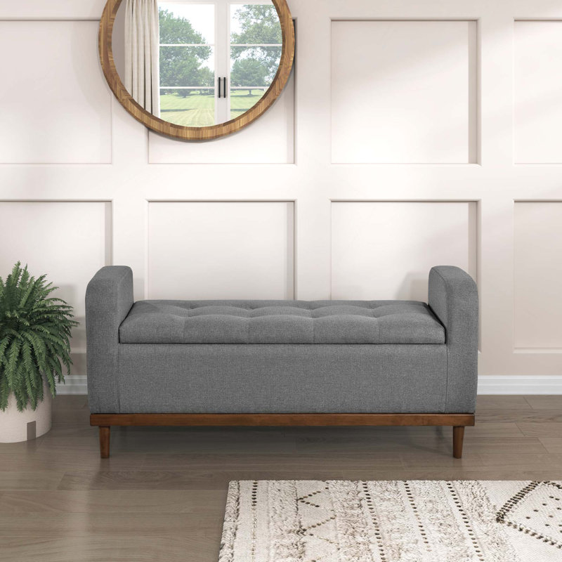 Banc de rangement rembourré et capitonné Mid-Century, Gris