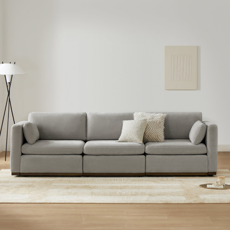 Canapé modulaire rembourré en polyester 3 pièces de 112 po avec coussins réversibles, Gris colombe