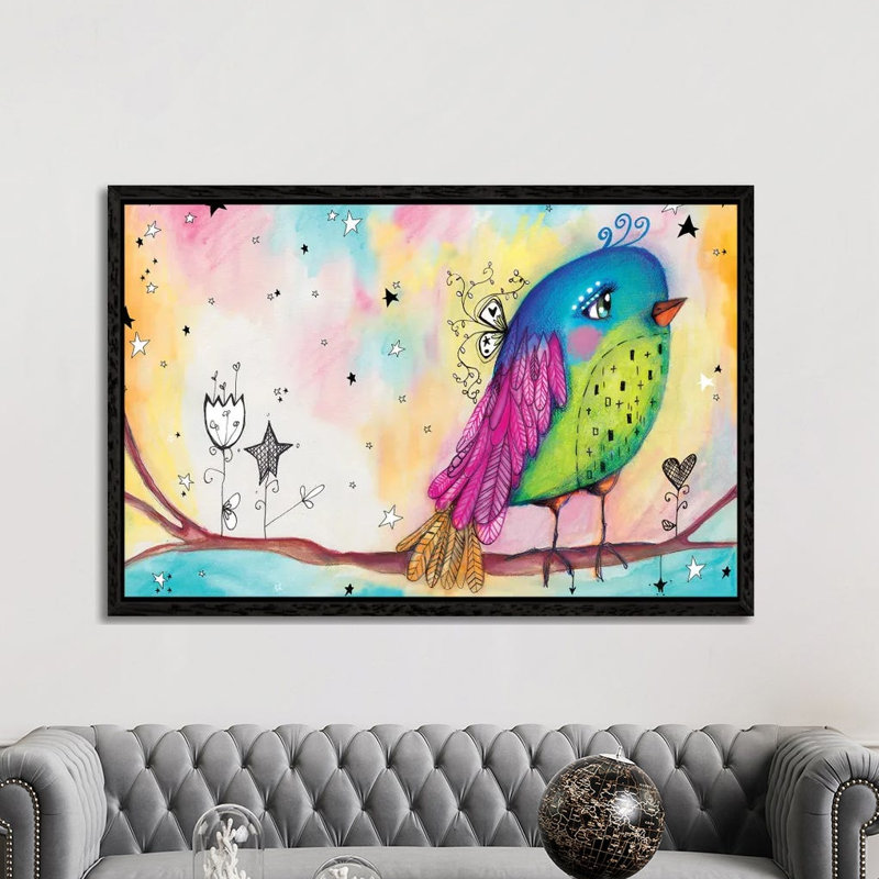 Sweet Bird With Stars by Tamara Laporte - Painting on Canvas, Black Framed, 101.6cm H x 152.4cm W x 3.81cm D