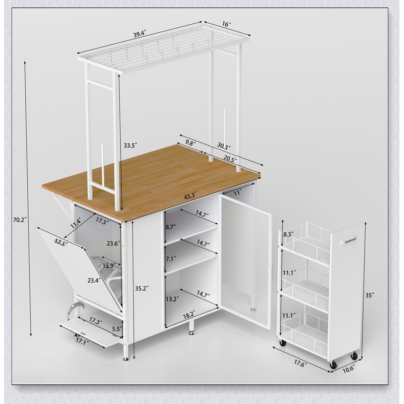 Îlot de cuisine polyvalent avec bar à déjeuner pliable, rangement spacieux et crochets pour les petites cuisines et les familles