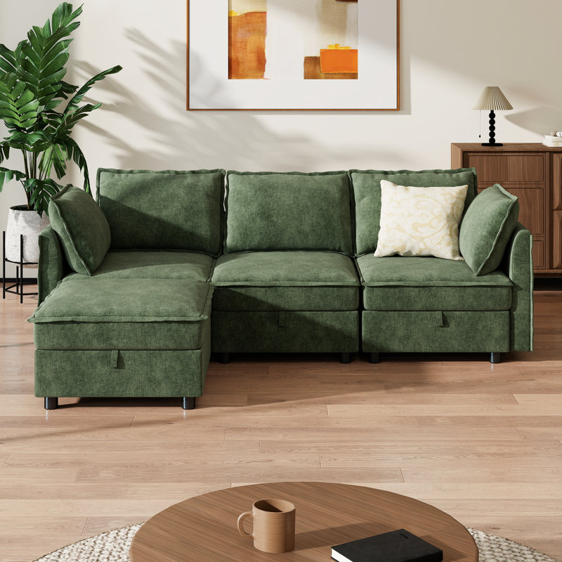 Keswick 97.2" Modern 4 Seat Upholstered Chenille L Shaped Sectional Sofa with Storage Ottoman, GREEN