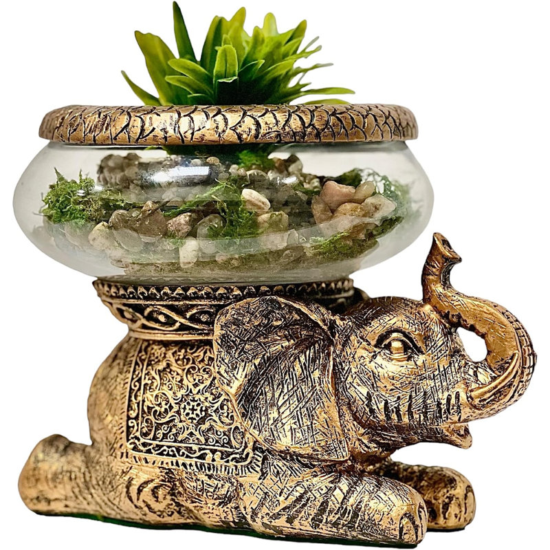 New Good Luck Decorative Gold Antiqued Elephant Glass Bowl,Terrarium Or Candle Holder With Colour Gift Box