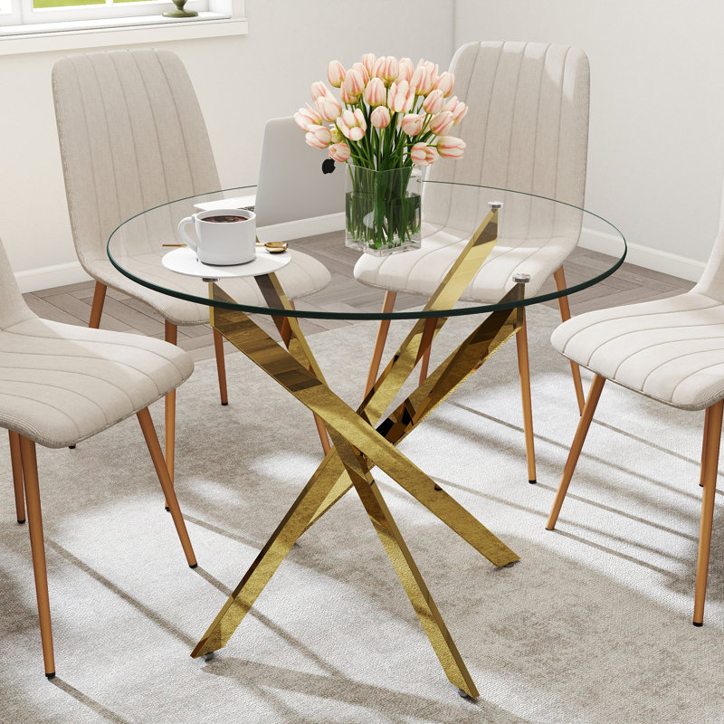 Table de salle à manger moderne avec plateau en verre, table de salle à manger en métal avec pieds croisés, Doré