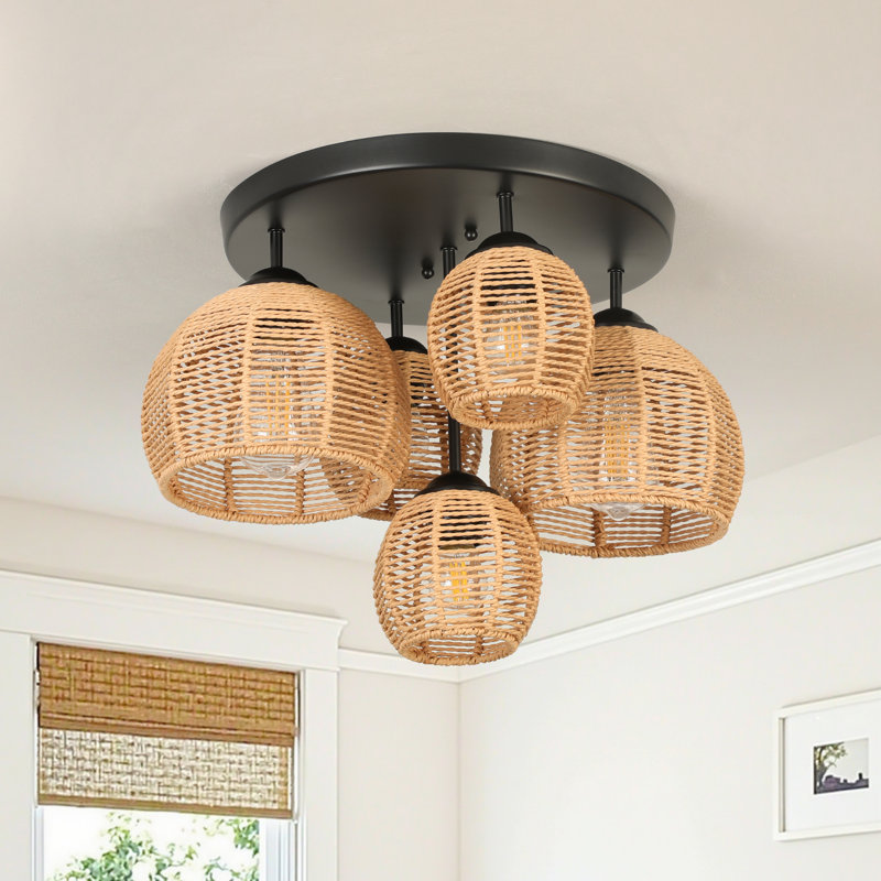 Aarzo - Handwoven Rattan 5-Light Semi Flush Mount Ceiling Light with Layered Cluster Silhouette Boho Farmhouse Style