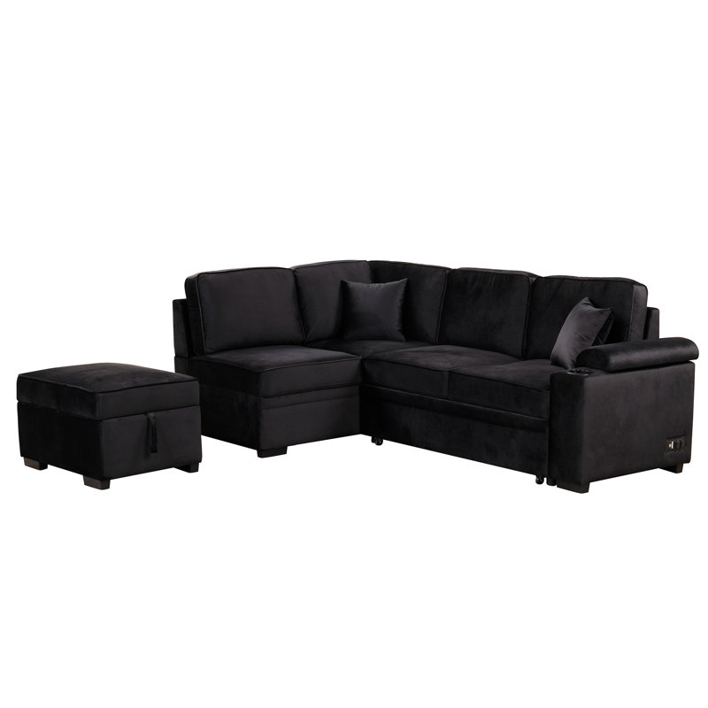 Perse 87.3'' Velvet Sleeper Sofa, Black Velvet