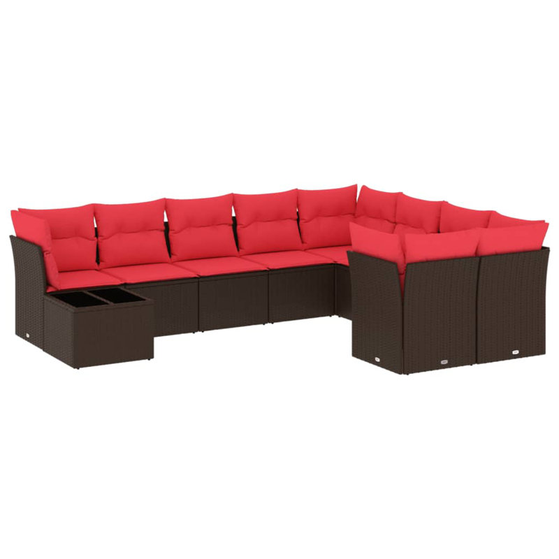 Ensemble de canapé de patio 10 pièces avec coussins en rotin de polyester, Rouge, Brun
