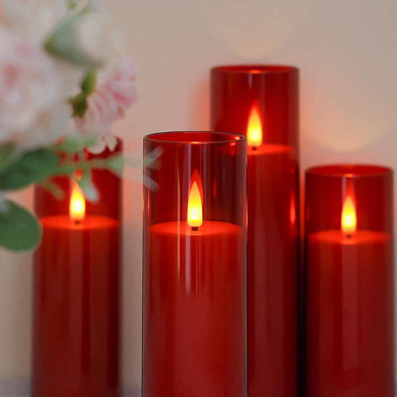 Acrylic Flameless Flickering LED Candles with Remote Control and Timer, Battery Operated Fake 5.5cm x 12.5 15 17.5 20 20cm Plastic Pillar Candles for Home Decor Long-Lasting, Red