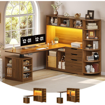 59" L Shaped Electric Standing Desk with Bookcase, 3 Drawers, Power Outlet & LED Lights